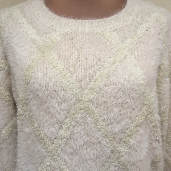 Anthropologie Raga Sweater Size Medium Ecru Cream Windowpane Fuzzy Knit - Picture 3 of 10